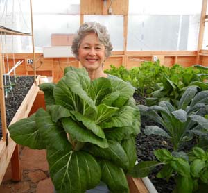 Phyllis Davis, Co-Inventor, holding a single head of Bok Choy in this Portable Farms® Aquaponics System that was grown in only 45 DAYS!